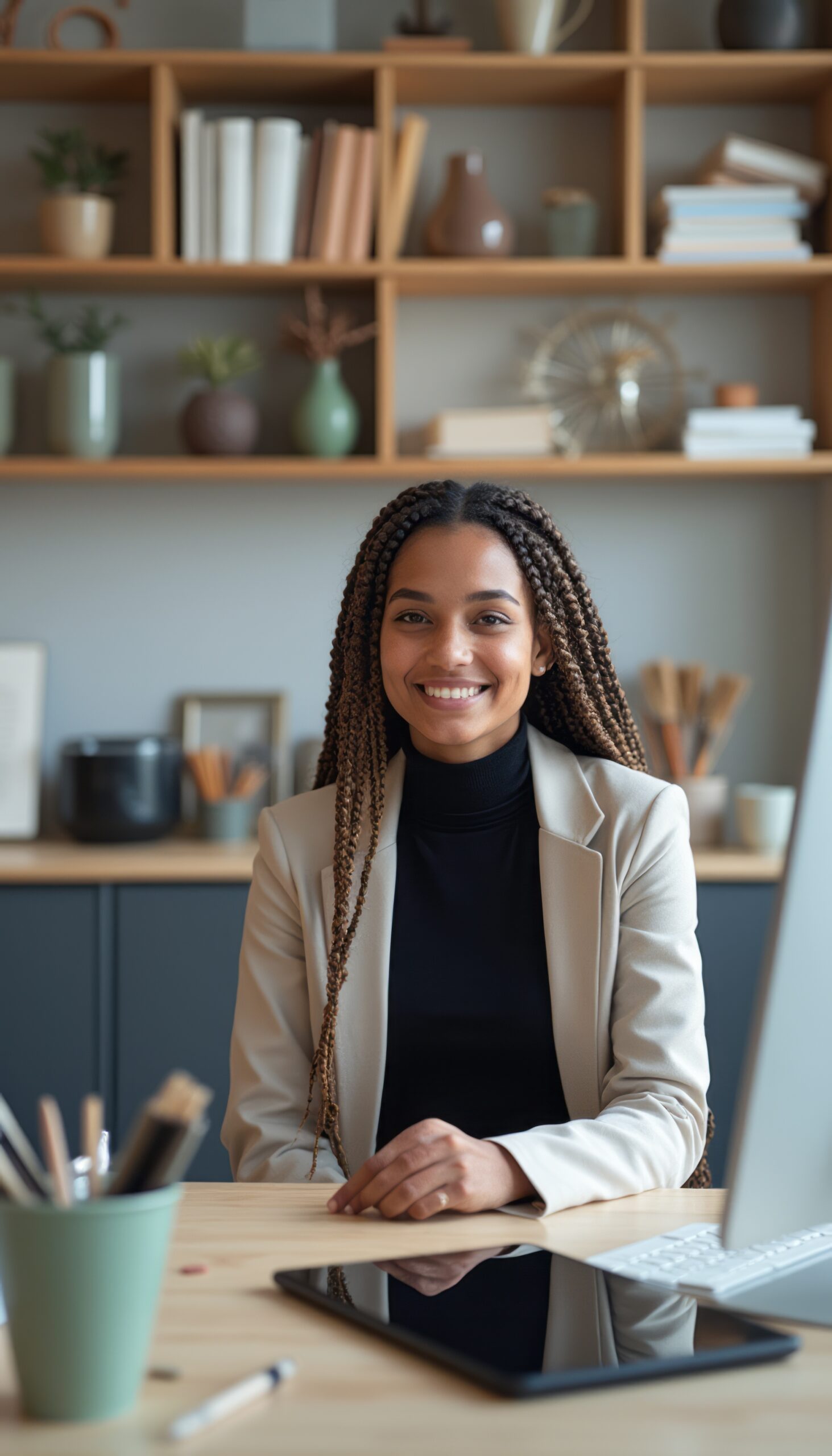 Confident woman smiling in a modern office
