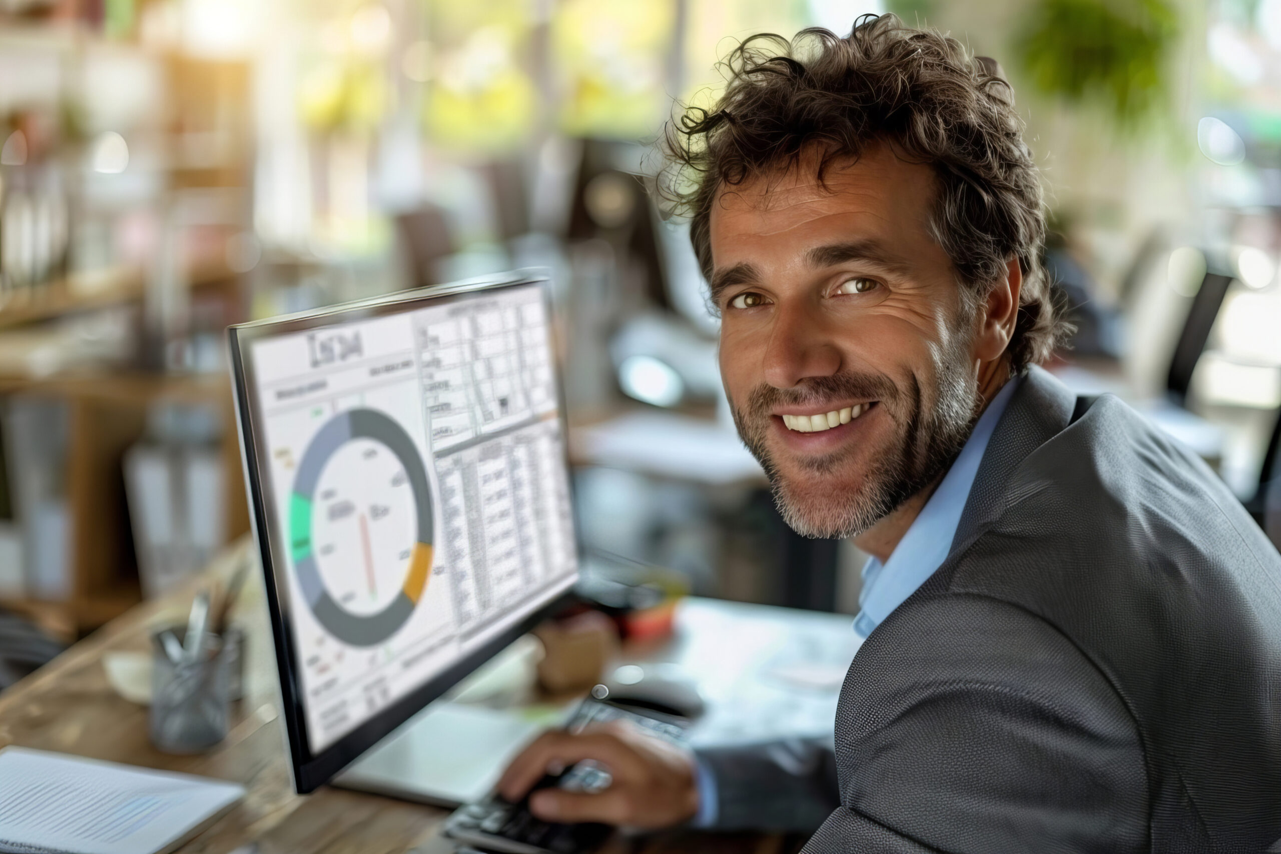 Businessman Calculates Taxes with a Smile in Close-up Shot at Office Desk Business owner reviewing small business accounting services and reports