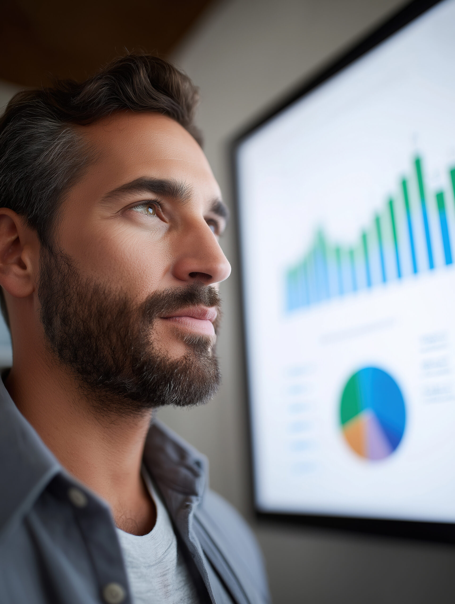 Business professional analyzes financial trends during a meeting in modern office space