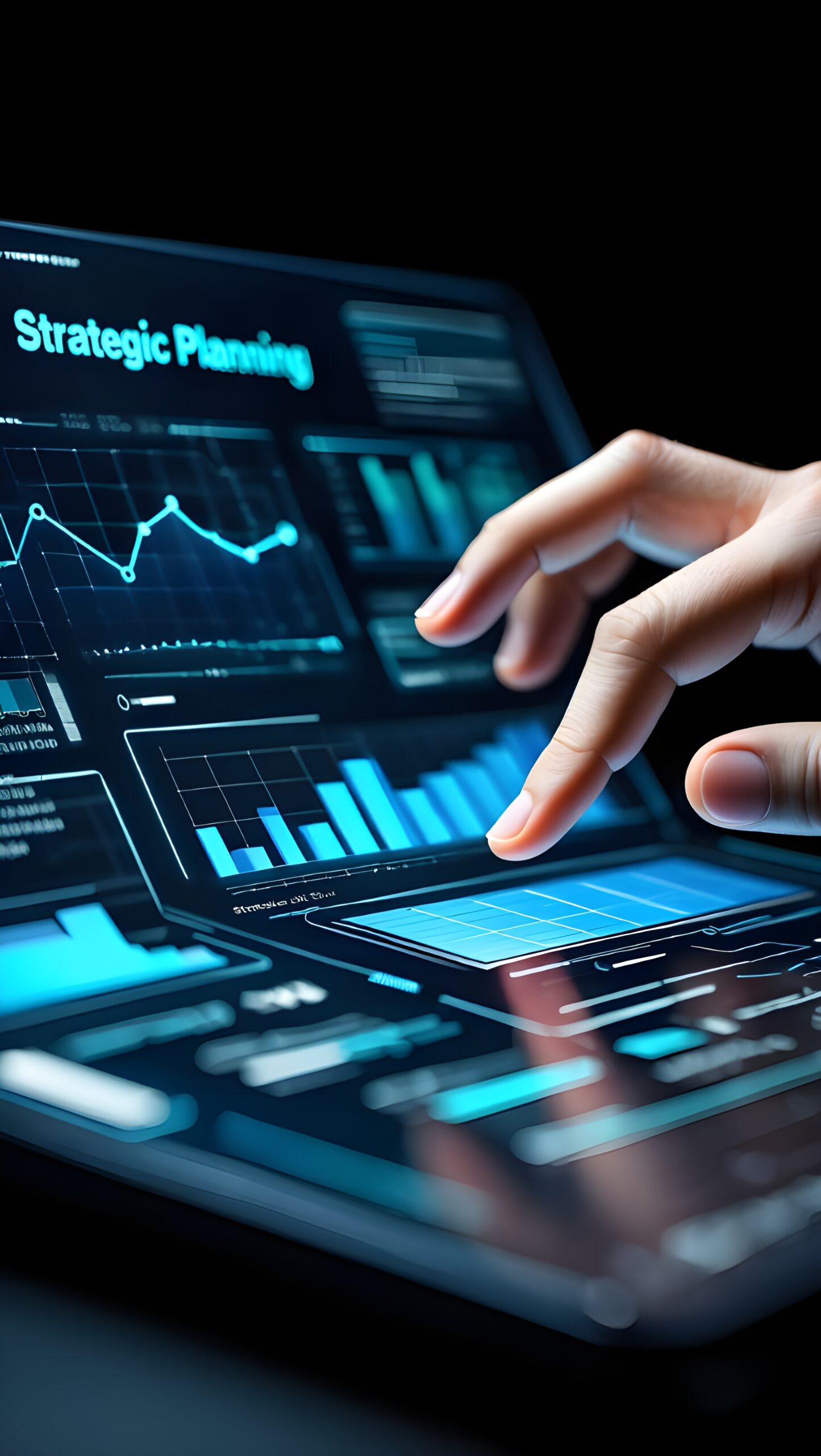 Close up of a hand interacting with a futuristic digital interface displaying strategic planning data